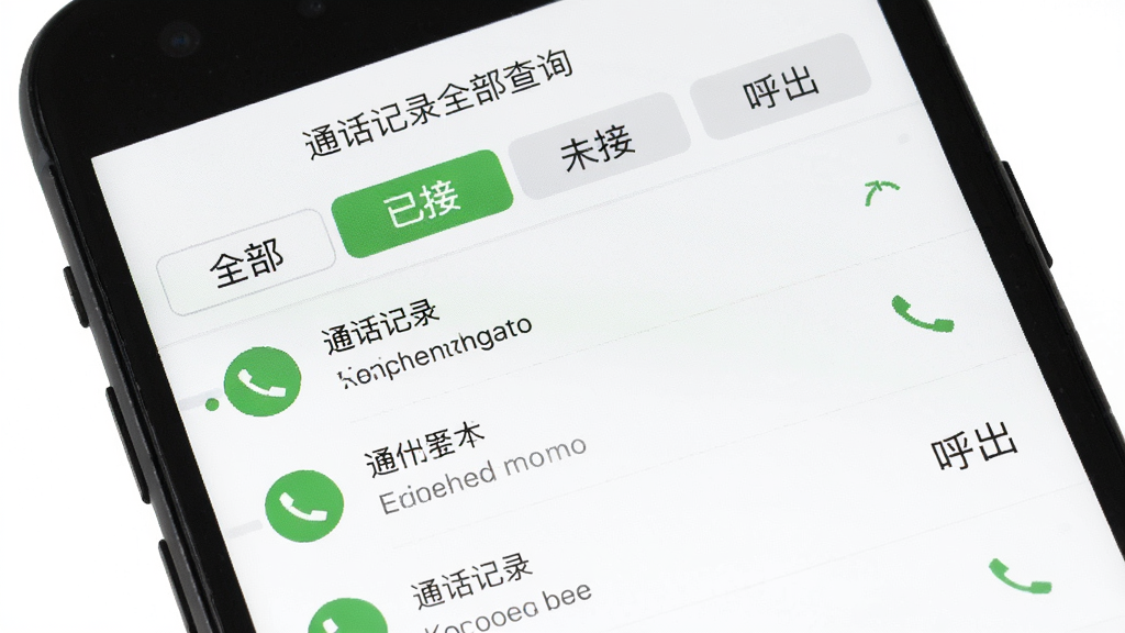手机屏幕展示通话记录分类标签界面,顶部有“全部”“已接”“未接”“呼出”四个标签,下方列表按分类展示通话记录,画面为一部黑色手机正面特写,背景为白色,整体风格清爽极简,画质清晰,图中文字为“通话记录全部查询”