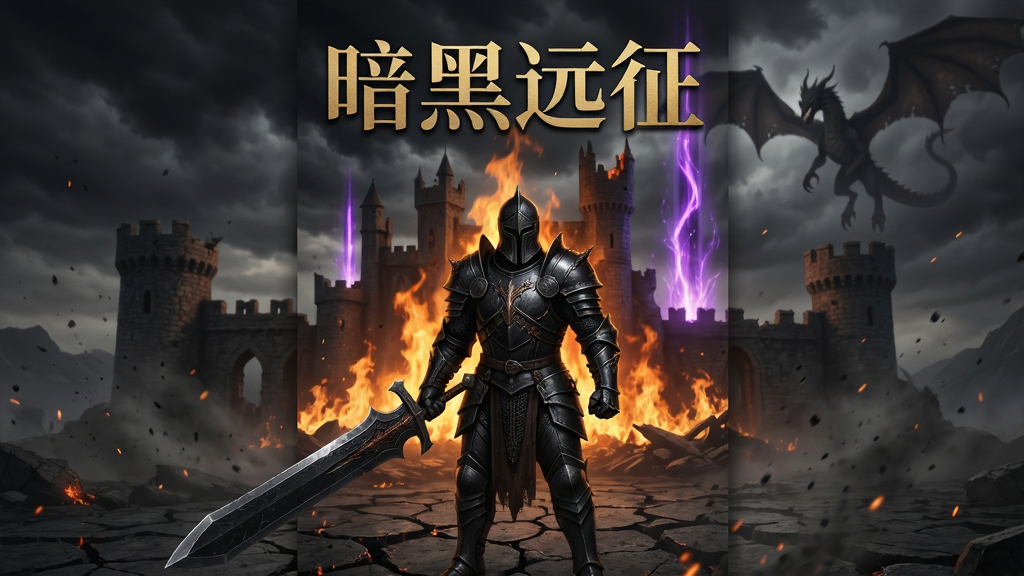 整体画面采用暗黑魔幻风格,主体是一位身穿黑色铠甲、手持巨剑的远征军战士站在破碎的城堡废墟前,身后是燃烧的火焰与紫色的魔法光柱,天空乌云密布,远处有巨龙剪影,画面中心上方位置用金色字体写着