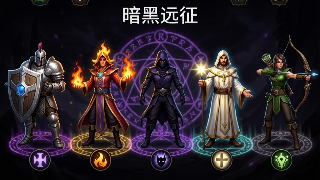 暗黑远征游戏界面截图风格,画面中央展示五位不同职业的英雄角色并排站立,从左到右依次为持盾战士、火焰法师、暗影刺客、圣光牧师和弓箭手,每位角色脚下有对应的职业图标,背景为暗紫色魔法阵,画面顶部用白色字体写着