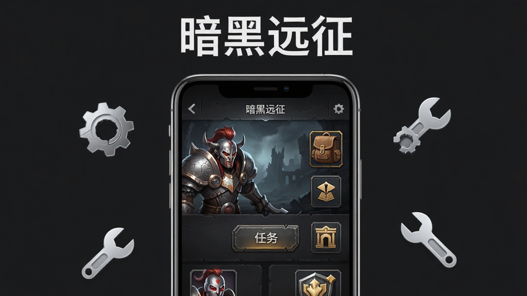 暗黑远征手机游戏运行画面,画面展示一部智能手机竖屏显示游戏主界面,界面上有英雄角色、任务按钮、背包图标与公会入口,手机周围有齿轮与扳手图标表示设置与优化,背景为深灰色,画面顶部用白色字体写着