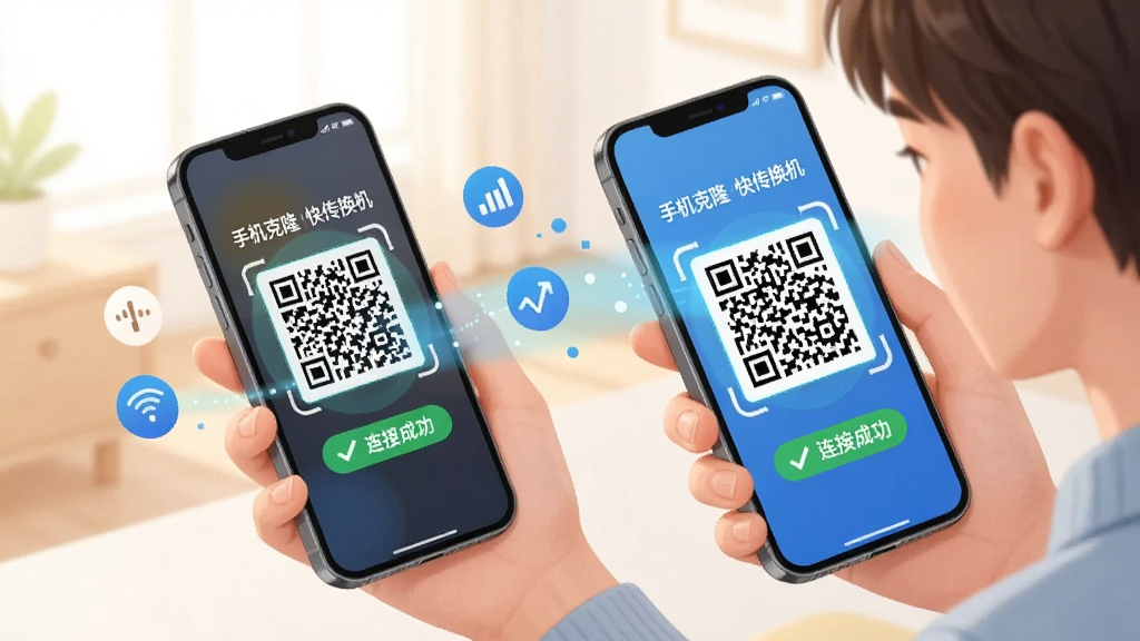 画面展示一位年轻用户手持新手机扫描旧手机上的