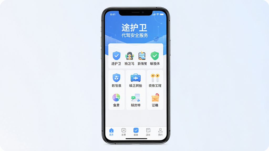 一张手机屏幕正面展示途护卫APP主界面的图片,画面中央是软件首页布局,顶部显示