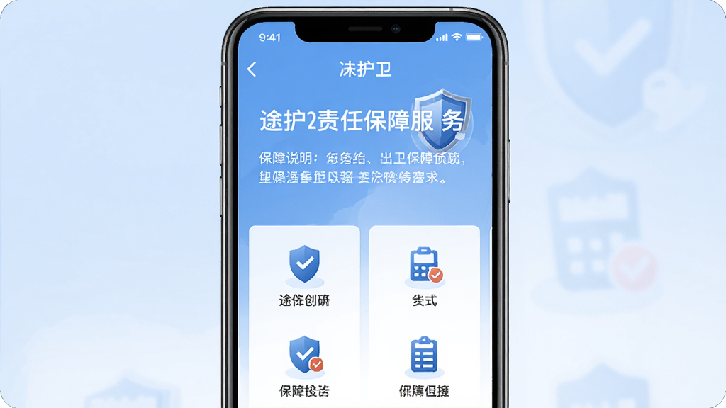 手机界面展示途护卫责任保障服务页面,页面上有保障说明文字与图标,背景为淡蓝色渐变,构图居中,风格专业可信,细节清晰,画质高清,干净无多余元素