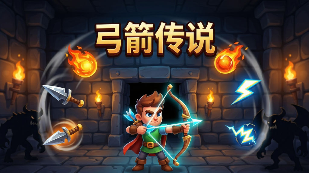 一幅竖版手机游戏宣传图,画面主体是一位手持发光弓箭的卡通勇者站在地牢入口,周围环绕着旋转的飞刀、火球和闪电技能图标,画面中央上方用醒目字体写着“弓箭传说”,布局采用中心辐射式构图,排版上游戏角色占据画面下半部分,技能图标呈弧形排列在上方,风格为欧美卡通渲染,细节包括地砖纹理、火把光晕、怪物剪影,画质高清,干净,无多余元素