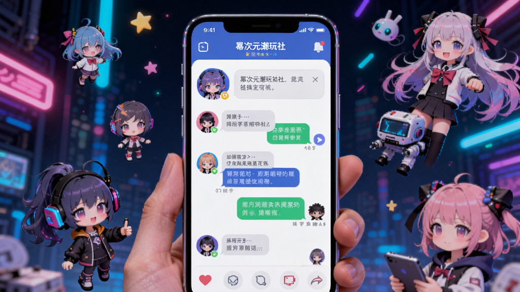 一张展示幂次元潮玩社应用界面的概念图,画面中央是一部智能手机,屏幕上显示着色彩鲜艳的二次元风格社交界面,有可爱的虚拟角色头像和聊天窗口,背景是充满未来感的霓虹光效和漂浮的动漫元素,整体风格为赛博朋克与二次元结合的插画风格,细节丰富,画质清晰明亮,干净整洁,无多余杂乱元素