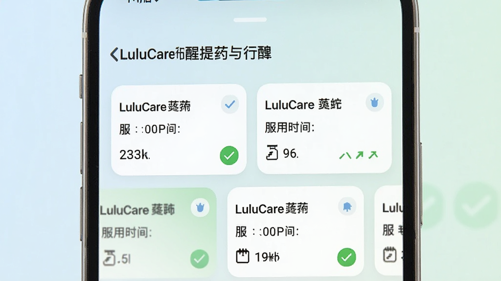 一张展示LuluCare用药提醒功能的界面截图,手机屏幕显示多个药品卡片,每张卡片带有药品名称、服用时间与剂量信息,部分卡片显示已完成的绿色勾选标记,界面风格简洁明快,背景为浅色渐变,画质清晰,无杂乱元素。