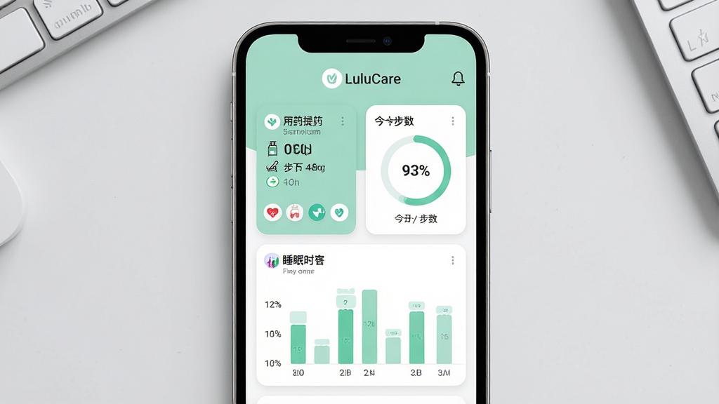 一张展示LuluCare应用主界面的手机屏幕截图,画面中央是一部现代智能手机,屏幕显示LuluCare健康管理仪表盘,包含用药提醒卡片、今日步数环形图、睡眠时长条形图等模块,界面配色为柔和的薄荷绿与白色,背景为干净的浅灰色桌面,风格清新简约,细节清晰,画质锐利,无多余元素。