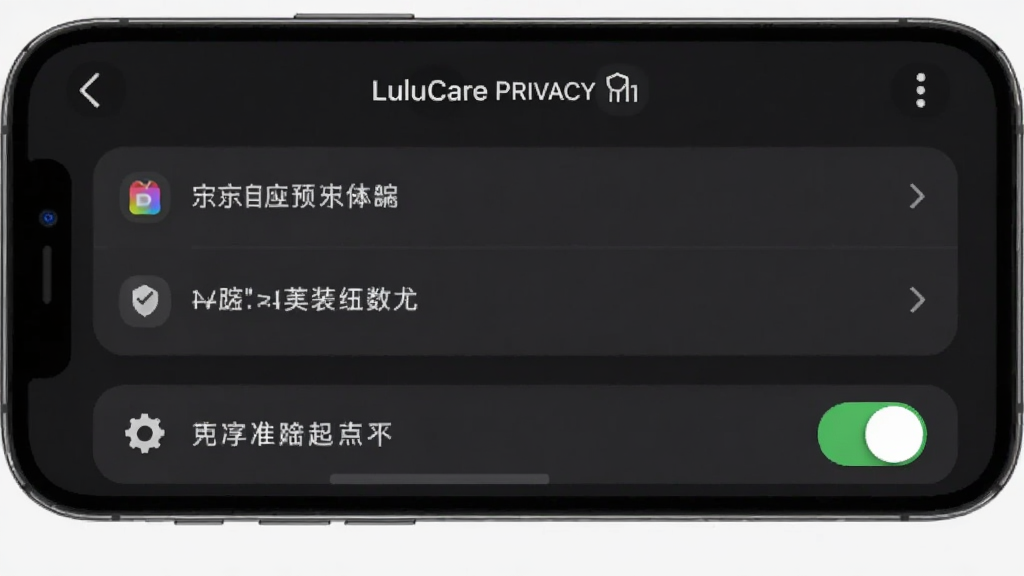 一张展示LuluCare隐私设置界面的手机截图,屏幕显示数据存储选项与加密开关,界面采用深色模式,文字清晰,图标简洁,背景为深灰色,整体风格沉稳安全,画质锐利,无多余元素。
