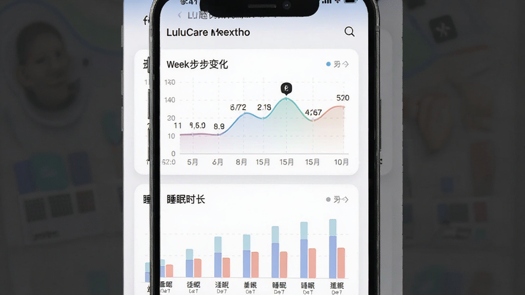 一张展示LuluCare健康数据面板的界面截图,手机屏幕显示折线图与柱状图组合,分别呈现近一周的步数变化与睡眠时长,图表配色柔和,数据标签清晰,背景为白色卡片式布局,整体风格专业且易读,画质干净无噪点。