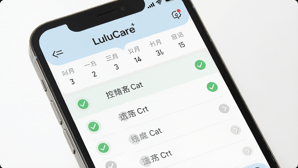 一张展示LuluCare日常护理计划界面的手机截图,屏幕显示打卡日历与任务列表,已完成的任务带有绿色对勾,未完成的任务以灰色呈现,界面布局清爽,配色以白色和淡蓝色为主,画质细腻,无多余装饰。