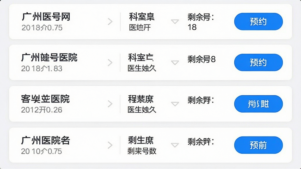 一张广州挂号网应用内号源列表页面的截图,画面中显示多家广州医院的名称和对应科室的剩余号源数量,列表条目清晰排列,每条包含医院名称、科室名称、医生姓名、剩余号数及预约按钮,界面以白色卡片为底,辅以蓝色高亮按钮,信息层级分明,设计简洁现代,画质清晰,无杂乱元素