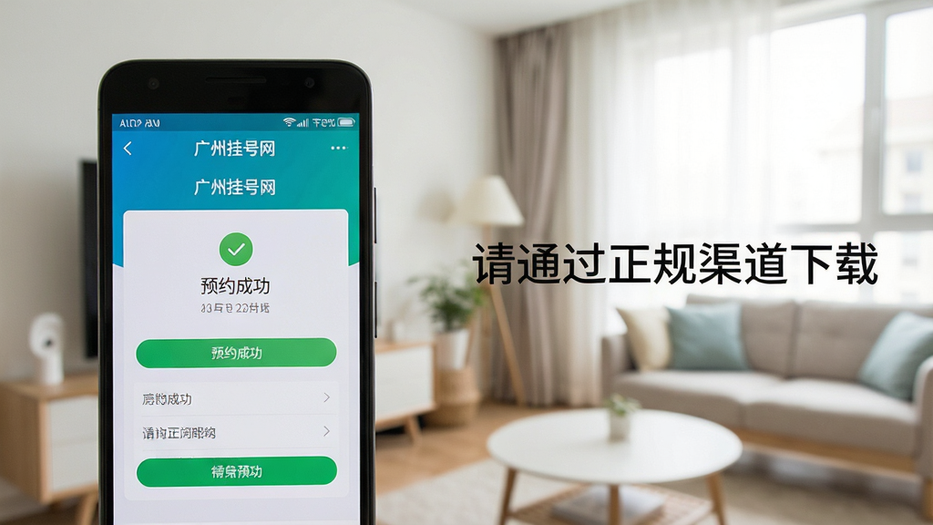 一张手机屏幕展示广州挂号网应用在安卓手机上正常运行的状态,画面中手机界面显示预约成功页面,背景是简洁的居家环境,画面一侧有提示文字“请通过正规渠道下载”,整体风格写实,色彩自然,画质清晰,无多余元素