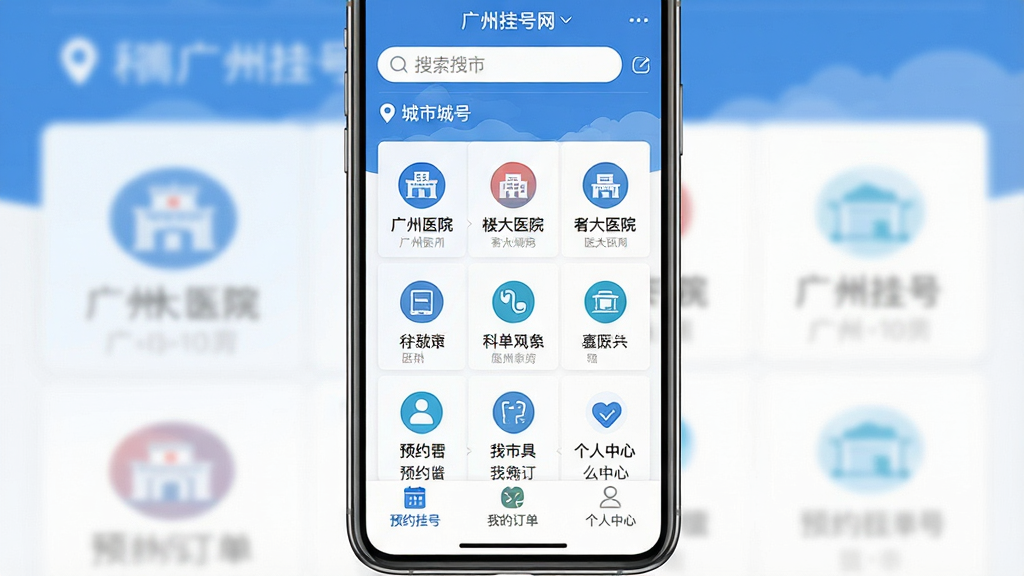 一张手机屏幕展示广州挂号网应用主界面,画面中央是广州挂号网APP的首页截图,顶部显示搜索框和城市定位,中部排列着广州各大医院图标和科室分类入口,底部有预约挂号、我的订单、个人中心等导航按钮,整体布局清爽,蓝色与白色为主色调,扁平化设计风格,细节清晰,画质干净,无多余元素