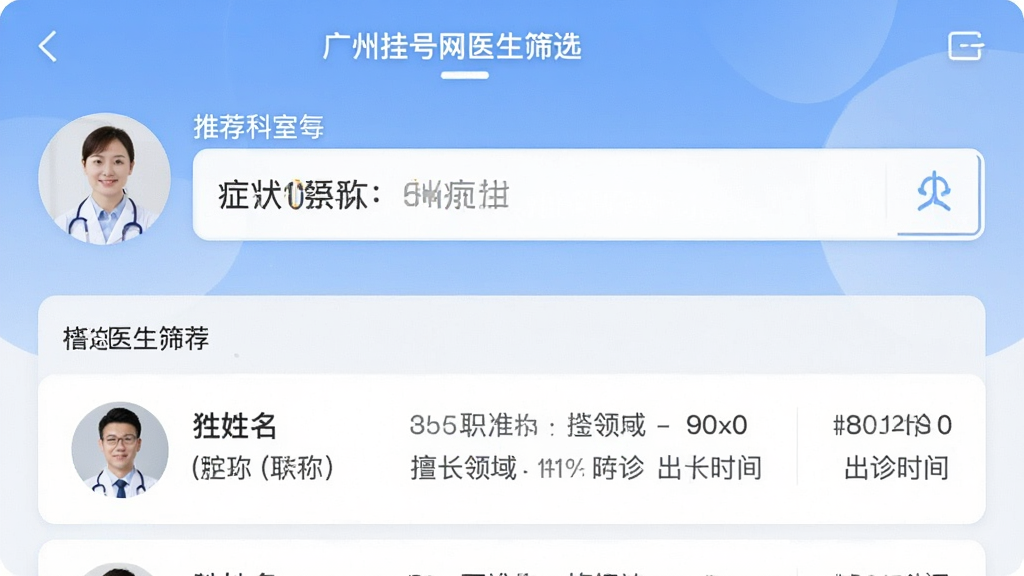 一张广州挂号网应用内智能推荐与医生筛选界面的截图,画面展示用户输入症状描述后系统推荐科室的交互界面,下方列出可筛选的医生列表,包含医生头像、姓名、职称、擅长领域和出诊时间,整体采用柔和的蓝色渐变背景,卡片式布局,图标简洁,画质干净,无多余装饰
