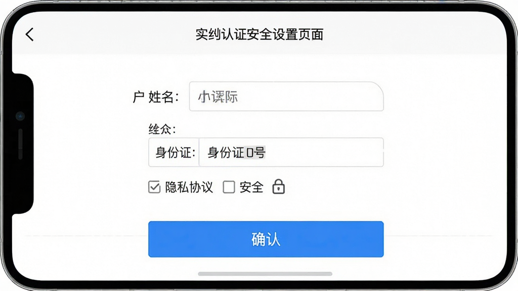 一张广州挂号网应用内实名认证与安全设置页面的截图,画面展示用户填写姓名和身份证号的认证表单,下方有隐私协议勾选选项和安全锁图标,整体界面以白色为主,蓝色按钮突出确认操作,设计正规严谨,画质干净,无多余元素