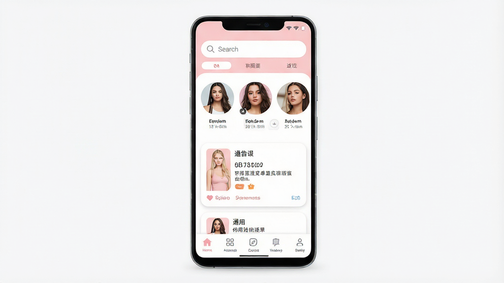 一张手机应用界面展示图,画面中央是一部竖屏安卓手机,手机屏幕上显示模特接单应用的主页,顶部有搜索框,中部是模特头像列表和通告卡片,底部有导航栏,整体布局简洁清晰,风格为现代扁平化UI设计,色调以白色和浅粉色为主,细节上卡片带有圆角和轻微阴影,画质高清干净,无多余元素