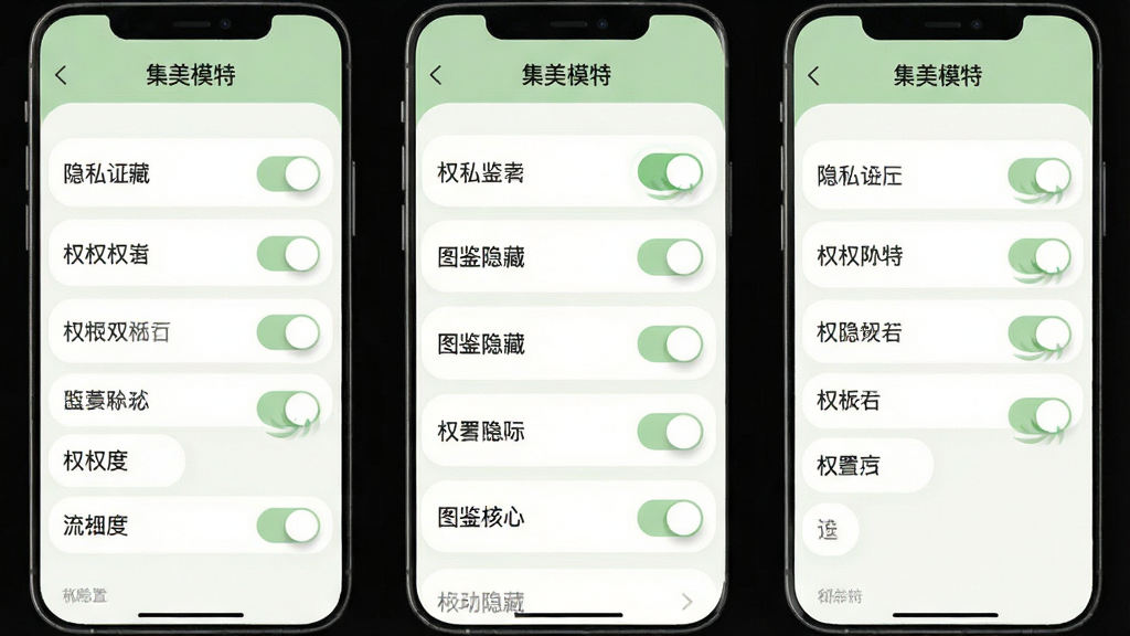 一张手机界面示意图,画面显示隐私设置页面,包含多个开关按钮和权限选项,其中一个开关标注为图鉴隐藏,布局为列表式,风格为柔和圆角设计,色调以浅绿和白色为主,细节上开关带有滑动动画效果,画质高清干净,无多余元素,界面顶部文字标注“集美模特”