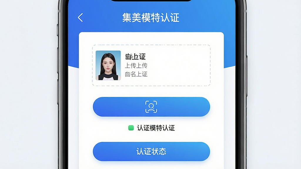一张手机应用认证页面截图风格图,画面中央显示实名认证表单界面,包含身份证上传区域、人脸识别按钮和认证状态提示,布局为上下结构,风格为简约商务风,色调以蓝色和白色为主,细节上按钮带有渐变效果,画质高清干净,无多余元素,界面中文字标注“集美模特认证”