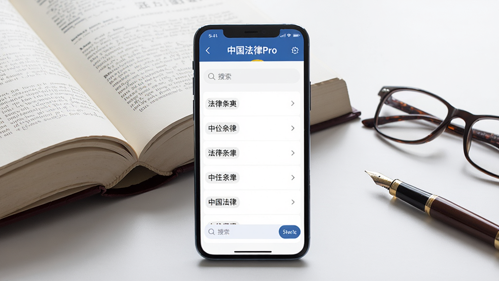画面中央是一部竖屏智能手机,手机屏幕上显示“中国法律Pro”应用主界面,界面中有法律条文分类列表和搜索框,手机周围摆放着一本打开的法典、一副眼镜和一支钢笔,背景是简洁的浅灰色桌面,整体采用写实风格,光线柔和明亮,细节清晰,画质干净,无多余元素,适合软件下载站展示