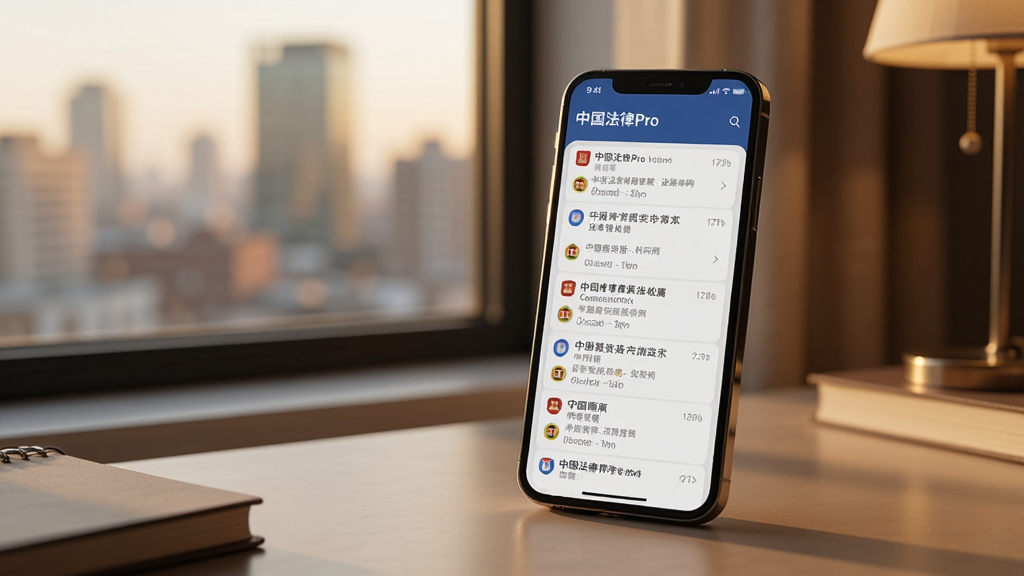 画面展示一部手机放置在窗边的书桌上,手机屏幕显示“中国法律Pro”的收藏夹页面,页面中有多条收藏的法律条文记录,窗外是模糊的城市建筑轮廓,室内光线温暖柔和,整体采用温馨写实的风格,细节丰富,画质干净,无多余元素