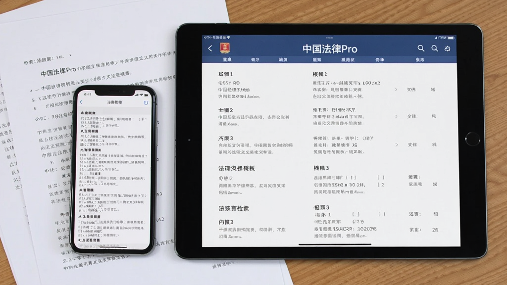 画面主体是一台平板电脑和一部手机并排摆放,平板电脑屏幕上显示“中国法律Pro”的法律文书模板列表,手机屏幕上显示法条检索结果页面,设备旁边散落着几份打印好的法律文书纸张,背景为木质桌面,整体采用清新明亮的写实风格,构图整洁,画质清晰,无多余元素