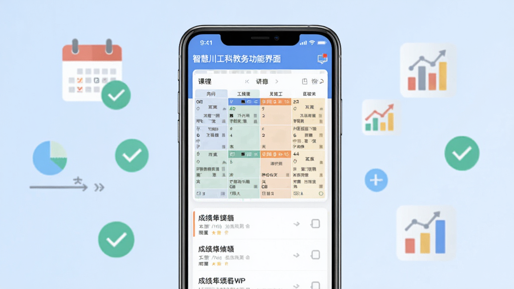 智慧川工科教务功能界面展示图,画面主体为手机屏幕中呈现的课表网格与成绩单列表,背景为淡蓝色渐变,点缀着日历、对勾、图表等扁平化图标。风格简洁明快,排版整齐有序,画质高清,干净无杂乱元素。