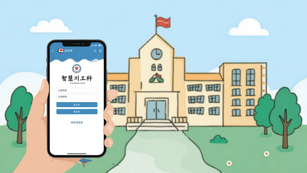 智慧川工科使用操作示意图,画面展示一只手拿着手机,手机屏幕显示智慧川工科的登录界面和课表页面,背景为大学校园场景的简笔插画,包含教学楼和树木元素,风格扁平化,色调清新明亮,画质清晰,无杂乱元素。