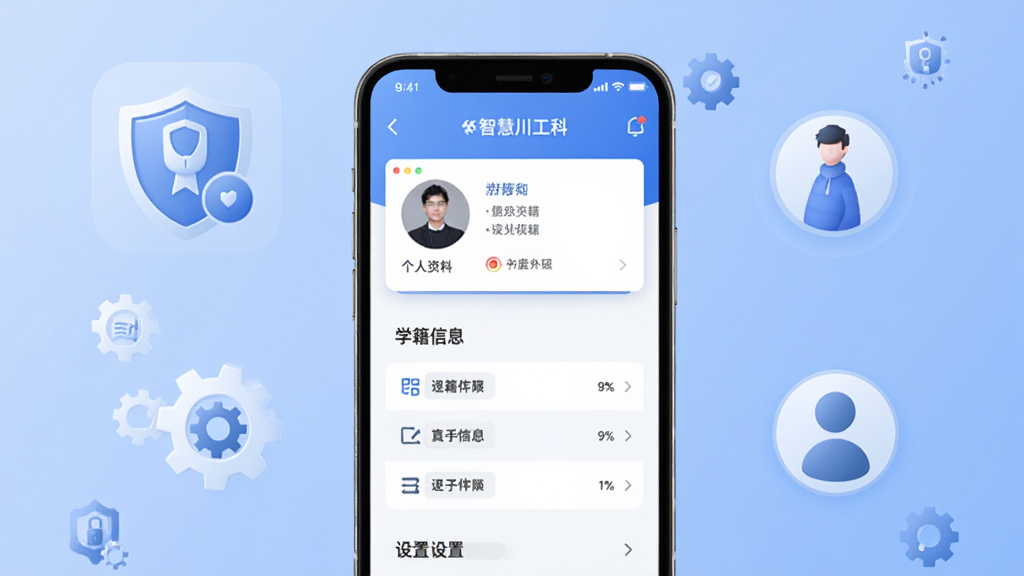 智慧川工科个人信息管理界面展示图,手机屏幕中呈现个人资料卡片、学籍信息列表和设置选项,背景为柔和的蓝色调,点缀着盾牌、齿轮、用户头像等安全与设置类图标,风格简洁商务,画质清晰,无多余装饰。