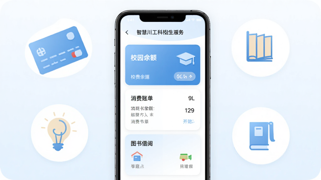 智慧川工科校园生活服务功能展示图,手机屏幕中显示校园卡余额、消费账单、图书借阅等卡片式界面布局,周围环绕着校园卡、书本、灯泡等简约图标,色调以浅蓝与白色为主,风格清新素雅,画质清晰,画面整洁。