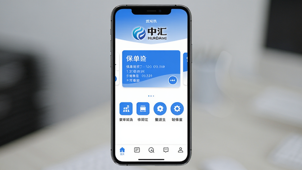 手机屏幕中央展示中汇应用主界面,上方为品牌标识,中部为保单卡片与功能图标,底部为导航栏,整体布局清晰,风格简洁商务,蓝白配色,画面干净,高清画质,无多余元素