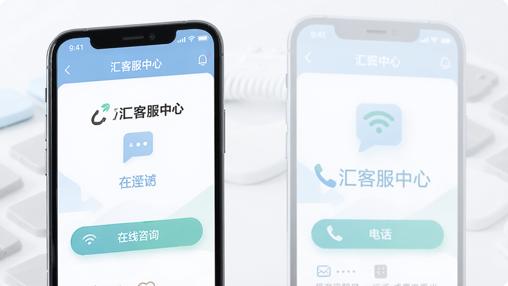 手机界面展示中汇客服中心页面,包含在线咨询按钮与电话拨打入口,页面设计简洁,配色柔和,图标清晰,整体风格专业友好,画面干净,高清画质