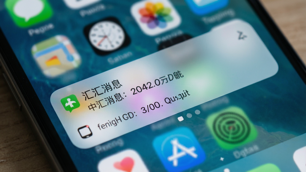 手机锁屏界面弹出中汇消息通知卡片,通知内容清晰可见,背景为手机桌面,风格写实,光线自然,画质细腻,构图简洁