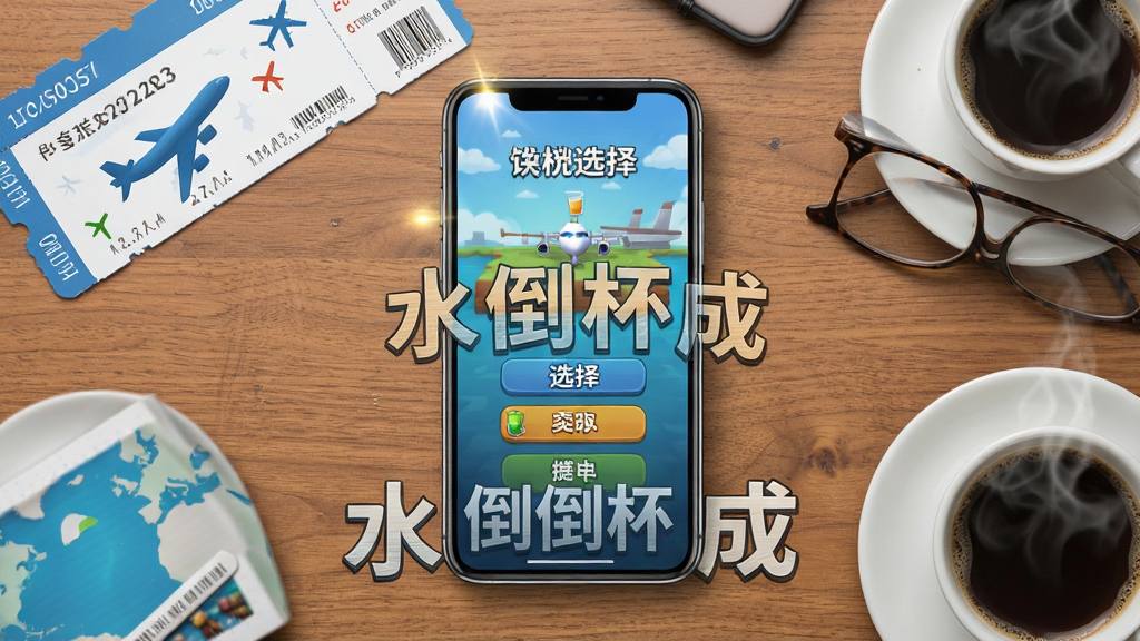 一张水倒杯成游戏宣传图,画面中一部手机放在桌面上,屏幕显示游戏关卡选择界面,周围有飞机票、咖啡杯等旅行元素,主体为手机和游戏画面,布局为俯视角度,排版突出便携性,风格为生活化写实,细节包含手机屏幕的高光、桌面的木纹、咖啡的热气,画面中带有