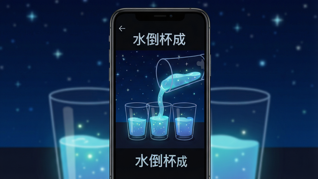 一张水倒杯成游戏场景,画面中手机屏幕显示深色模式下的游戏界面,几个玻璃杯装着发光的液体,背景是深蓝色星空,主体为手机和游戏画面,布局为居中,排版简洁,风格为暗色系扁平风,细节包含液体的微光、杯子的轮廓线、背景的星点,画面中带有