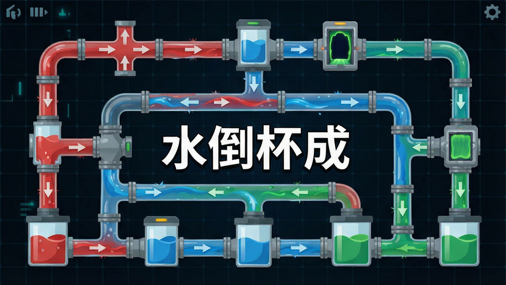 一张水倒杯成游戏关卡界面,画面中展示复杂的管道网络和多个颜色容器,有红色蓝色绿色液体在不同管道中流动,包含分流器、传送门等机关图标,背景为深色科技感网格,主体为游戏关卡地图,布局为全屏展示,排版清晰展示路径,风格为扁平化科技风,细节包含管道的高光、液体的流动方向箭头、机关的特殊标记,画面中带有