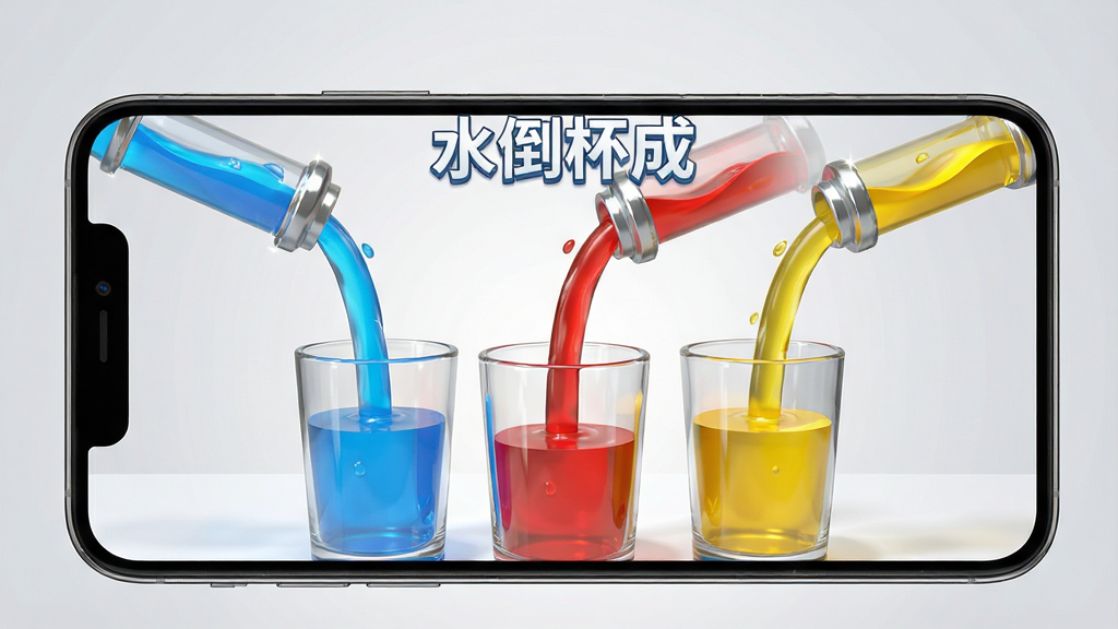 一张手机屏幕展示水倒杯成游戏主界面,画面中央有多个透明玻璃杯装着不同颜色的液体,蓝色红色黄色液体通过倾斜的管道流动,背景是简洁的浅灰渐变,主体为手机和游戏画面,布局居中,排版干净,风格为扁平化3D渲染,细节包含液体流动的动态感、杯壁反光、管道连接处的高光,画面中带有