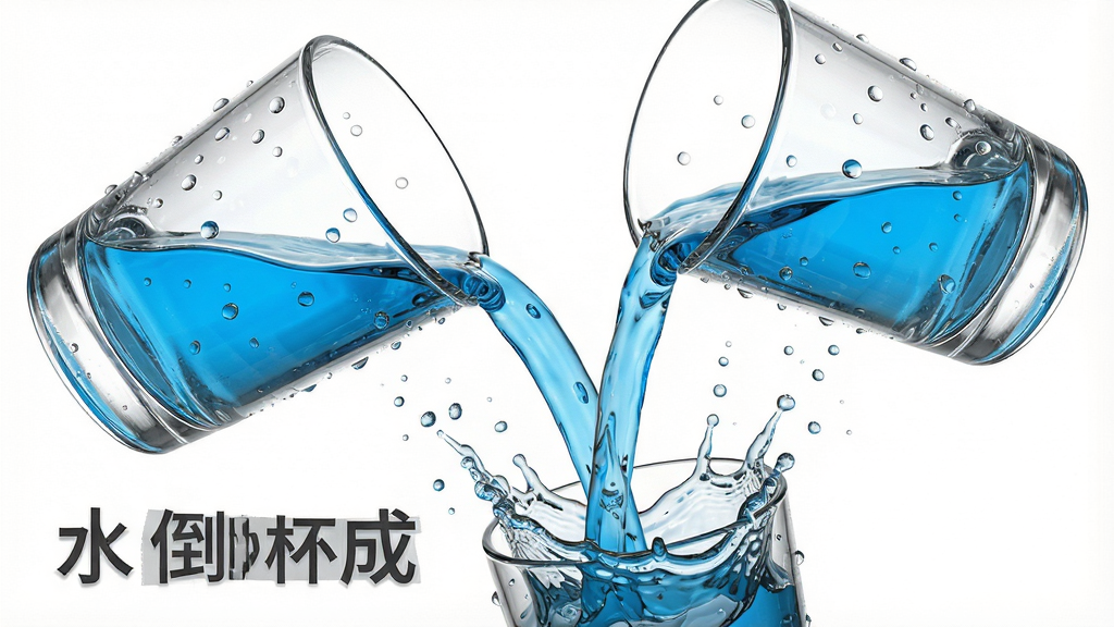 一张水倒杯成游戏截图,画面中一个透明玻璃杯倾斜倒下,蓝色液体呈抛物线流出,落入下方另一个玻璃杯中,液体在杯中溅起水花,背景为纯白,主体为两个玻璃杯和流动的液体,布局为对角线构图,排版突出液体流动的弧线,风格为3D写实渲染,细节包含液体的半透明质感、水花飞溅的颗粒、杯壁的水珠,画面中带有