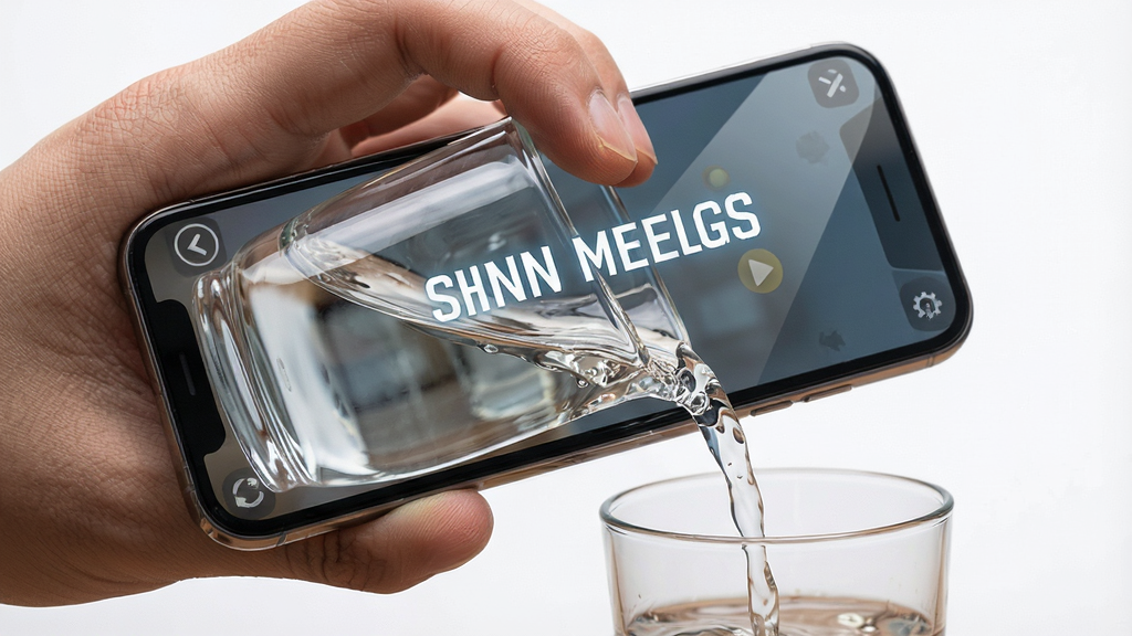 一张水倒杯成游戏操作示意图,画面中一只手拿着手机,手指正在屏幕上滑动倾斜一个玻璃杯,液体流入下方杯子,主体为手和手机,布局为特写视角,排版突出操作动作,风格为写实摄影,细节包含手指的皮肤纹理、手机屏幕的反光、液体的流动,画面中带有