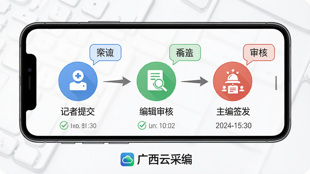 多级审核流程图场景,画面展示一部手机屏幕内呈现审核流程节点,从左到右依次为