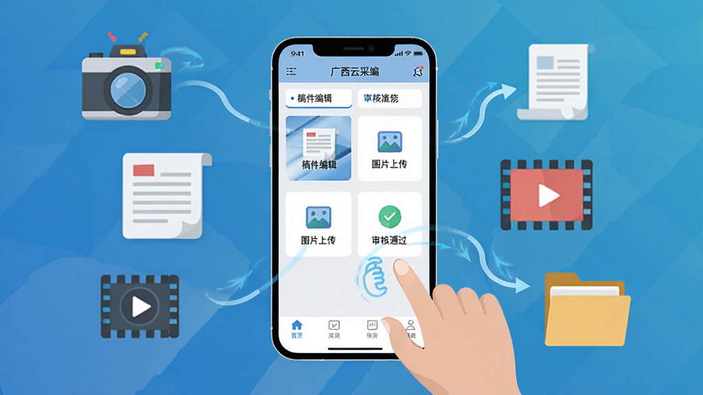 新闻编辑工作台场景,画面中央是一部智能手机展示
