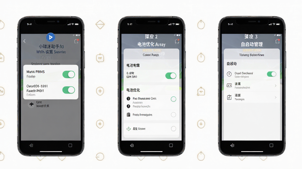 小球迷助手移动端安装设置步骤图解,主体为手机屏幕展示权限设置界面,布局为分步截图排列,风格为教程图解风,细节包含权限开关、电池优化选项、自启动管理,画质高清干净无多余元素