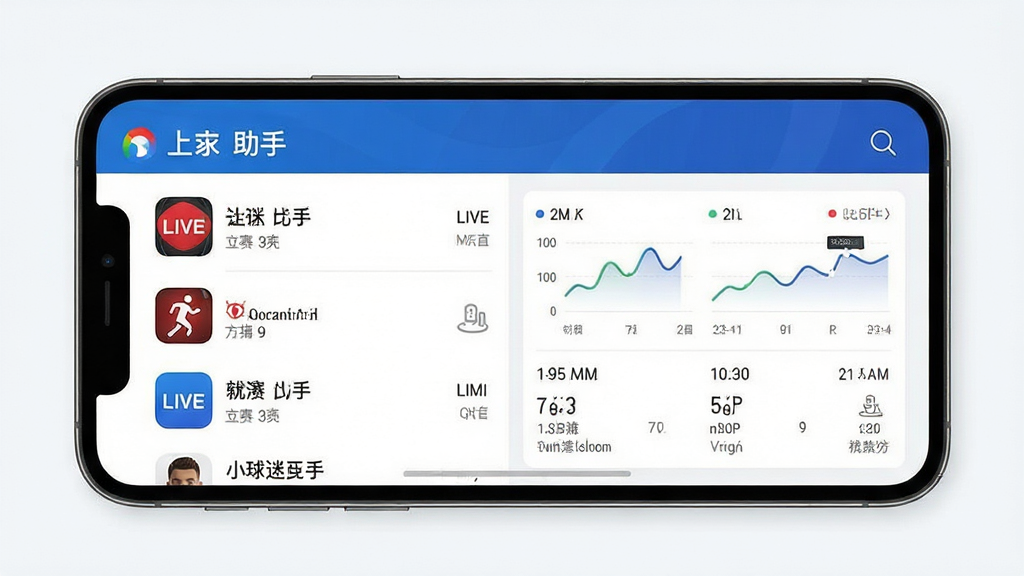 小球迷助手赛事直播指引界面,主体为手机屏幕显示直播平台列表与比赛数据面板,布局为上下分栏排版,风格为清爽运动风,细节包含直播图标、数据统计图表、比赛时间,画质高清干净无多余元素