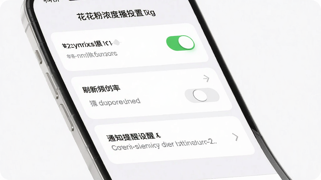 一张展示花粉浓度播报设置页面的手机截图风格图片,画面为手机屏幕,屏幕内显示权限开关列表、刷新频率选项和通知提醒设置,布局为分组卡片式,背景为白色,风格干净整洁,细节包括绿色开关按钮和灰色说明文字,画质高清,干净,无多余元素