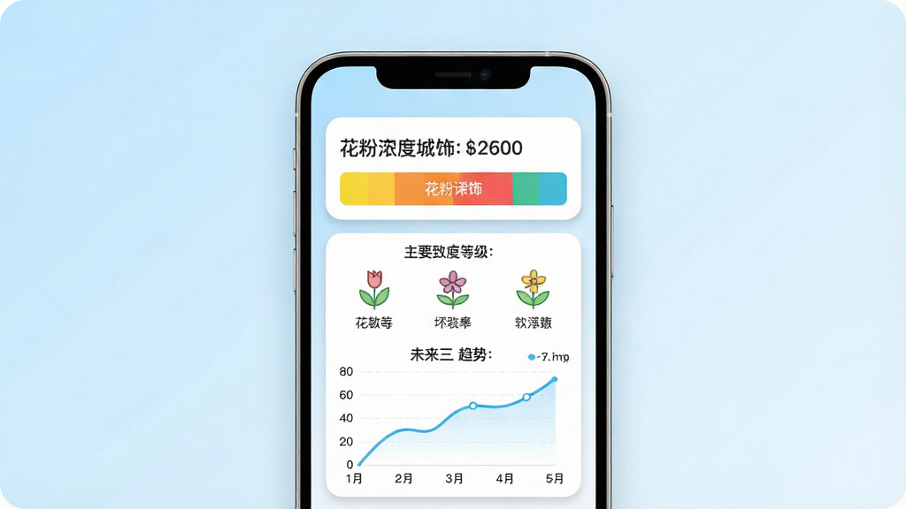 一张手机屏幕展示花粉浓度播报应用主界面的图片,画面中央是手机正视图,屏幕内显示城市名称、花粉浓度等级色块、主要致敏植物图标和未来三日趋势折线图,背景是淡蓝色渐变,风格清新简洁,细节包括圆角卡片、柔和阴影和清晰的数据标签,画质高清,干净,无多余元素
