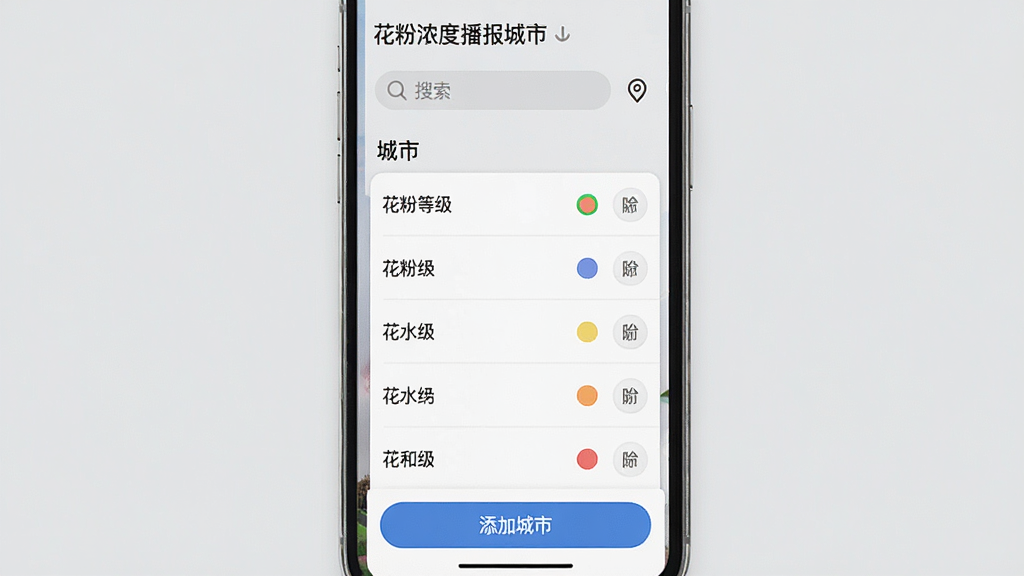 一张展示花粉浓度播报城市管理界面的图片,画面为手机屏幕,屏幕内显示已添加的城市列表,每个城市右侧有花粉等级小圆点和删除按钮,底部有“添加城市”按钮,背景为浅灰色,风格简约现代,细节包括搜索框和定位图标,画质高清,干净,无多余元素