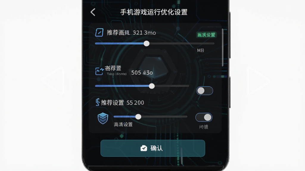手机游戏运行优化设置界面,主体是显示帧率和画质选项的面板,布局为纵向排列的滑动条和开关,排版简洁每个选项有图标和文字说明,风格为深色科技风UI,细节包括当前帧率数值、推荐设置标签、确认按钮,画质高清干净无多余元素