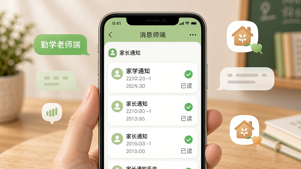 画面展示“勤学老师端”消息通知界面,手机屏幕上有“家长通知”列表,每条通知旁有“已读”绿色对勾。布局为手机居中,周围有聊天气泡和家校图标。风格为温馨沟通风,色彩以浅绿和白色为主。细节包括通知标题、时间戳、已读状态。画质高清,干净,无多余元素。