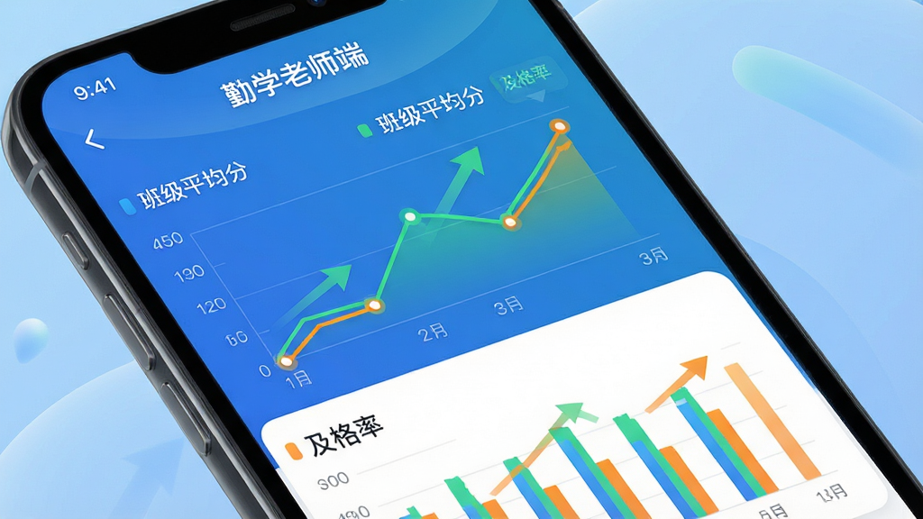 画面主体为“勤学老师端”学情分析页面,手机屏幕上显示折线图和柱状图,标注“班级平均分”“及格率”等数据。布局为手机屏幕特写,背景为柔和渐变蓝色。风格为现代数据可视化,色彩以蓝、绿、橙为主。细节包括数据点、趋势箭头、图例文字。画质高清,干净,无多余元素。