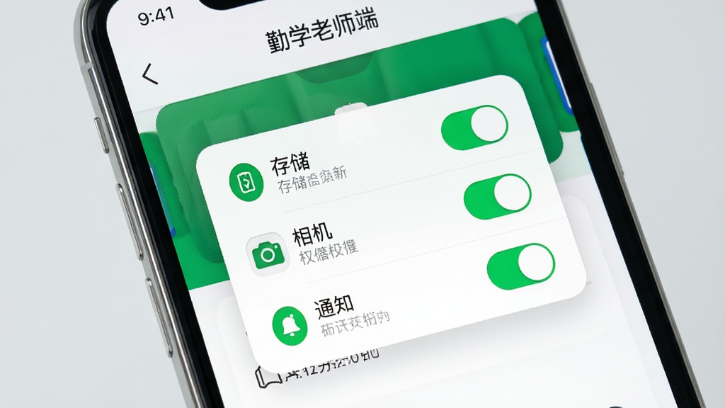 画面展示“勤学老师端”手机界面,屏幕中央弹出权限设置弹窗,包含“存储”“相机”“通知”三个开关,开关呈绿色开启状态。布局为手机特写,背景为浅灰色。风格为简洁教程风,色彩以白色和绿色为主。细节包括权限图标、文字说明。画质高清,干净,无多余元素。