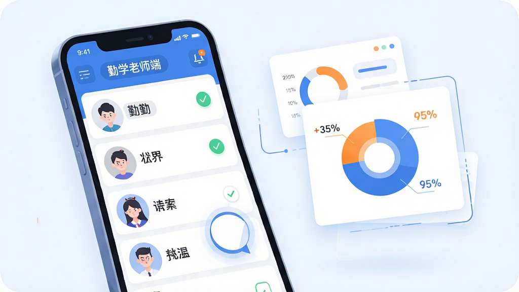 一幅AI生图,画面主体为“勤学老师端”手机界面,展示班级管理面板,包含学生头像列表、考勤状态图标和统计饼图。布局为左侧手机悬浮展示,右侧漂浮着数据图表卡片。风格为科技感扁平插画,色彩以蓝色和白色为主,点缀少量橙色高亮。细节包括学生名字标签、考勤勾选标记、饼图上的百分比数字。画质高清,干净,无多余元素。